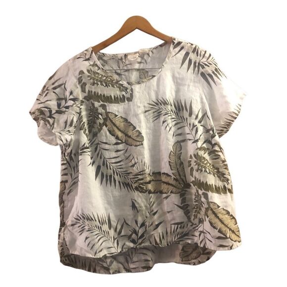 C & C California 100% Linen Blouse Olive Green Leaves Tropical Short Sleeve Top - Picture 1 of 6